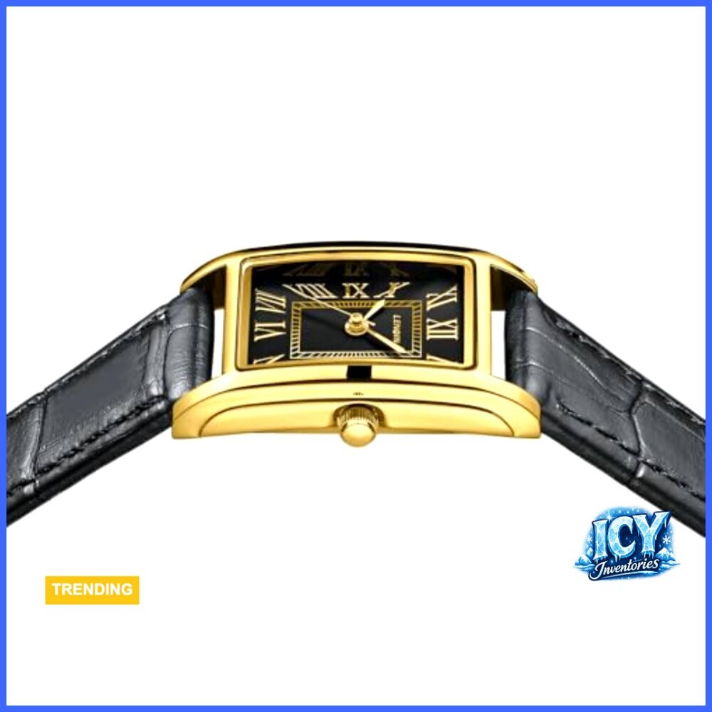 Rectangular Analog Quartz Watch With Leather Stra… - image 5